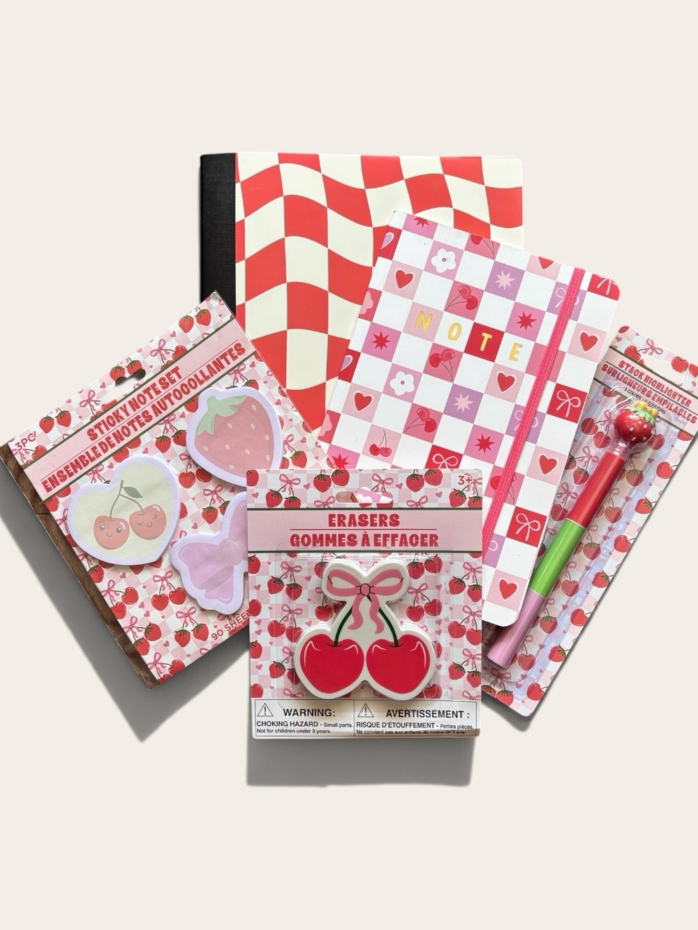 Cherry & Strawberry Strawberry Stationery Set | Pink Red Checkered Notebook